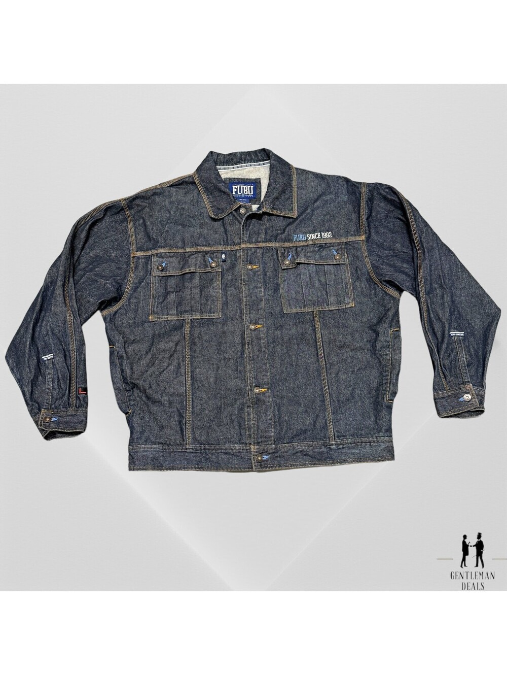 Fubu FUBU Jeans Jacket Mens 2XL XXL Blue Denim Cotton Embroidered Spell Out Y2K